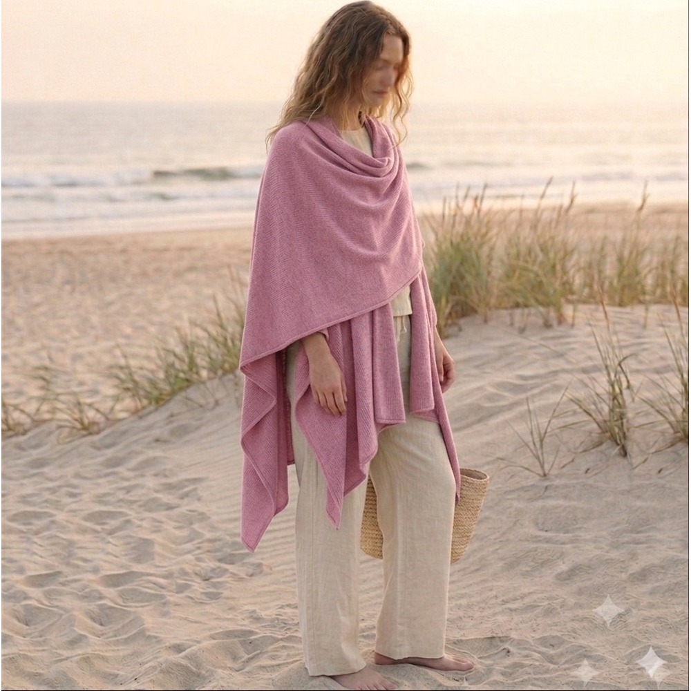 New Peruvian Soul Alpaca Pink Knit Ruana Shawl Wrap Cape With Horn Toggle Pin
